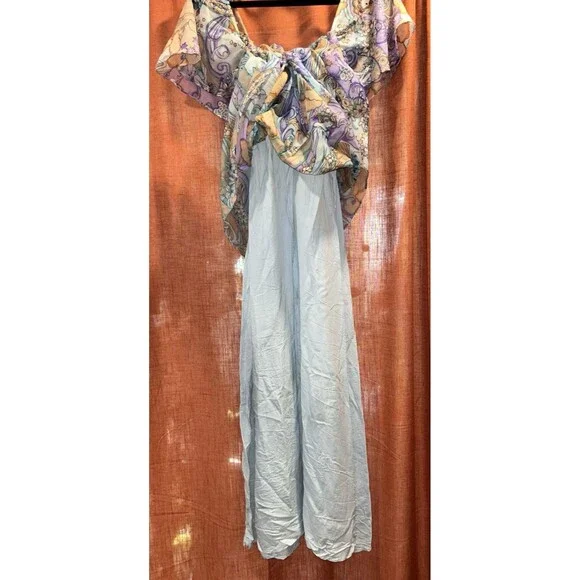 VTG 60 70s Lady Print Hostess Maxi Dress Floral Iris Stars boho fairy womens 5